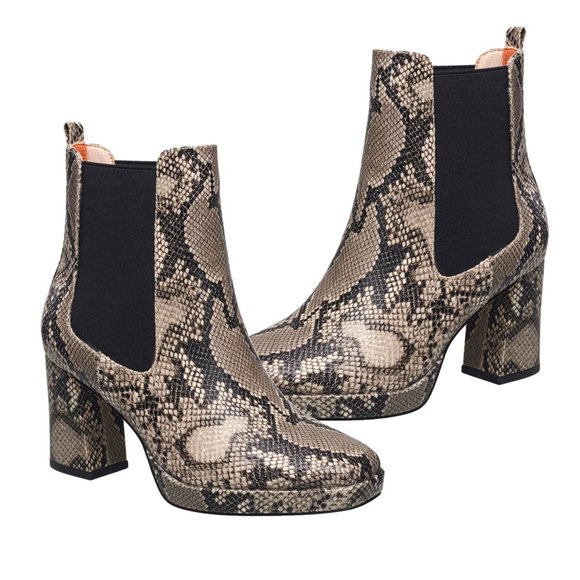 NEW! French Connection Vegan Leather Penny Chelsea Block Heel Boots Snake - Picture 2 of 16